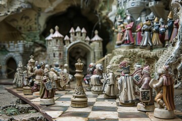 Fototapeta premium Medieval Chess Set Display in Ancient Castle Environment