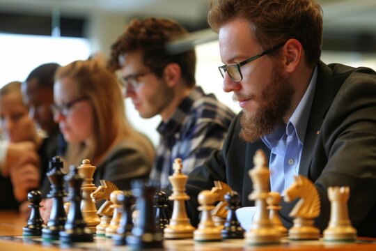 Captivating Corporate Training Session: Executives Engaging in Leadership Chess Game