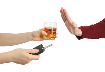 Man refusing alcoholic drink while woman suggesting him car keys and glass of whiskey on white...