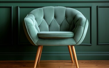 A green chair sits beside a table adorned with a vase in an interior setting