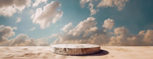 A round stone platform sits under a sky creating a surreal scene. Smooth and weathered stone contrasts with the soft, ethereal clouds, evoking a dreamy landscape. Panorama with copy space.