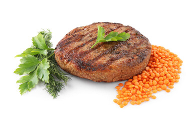 Vegetarian product. Tasty lentil cutlet and ingredients isolated on white