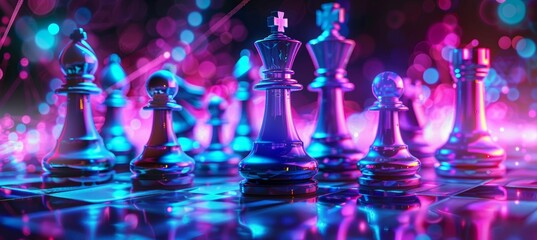 Vibrant Neon Chess League Banner with Digital Chess Pieces and Streaming Data Background