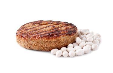 Vegetarian product. Tasty bean cutlet and ingredients isolated on white