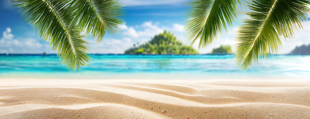 A serene tropical beach with clear blue water, white sand, and palm fronds framing an island in the distance. The calm ocean meets the pristine sandy shore, creating a paradise-like vacation spot.