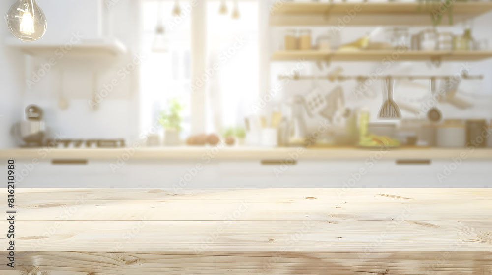 Aufkleber empty beautiful wood table top counter and blur bokeh modern kitchen interior background in clean an