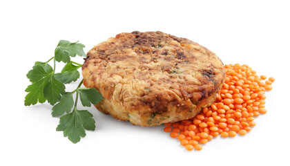 Tasty lentil cutlet, seeds and parsley isolated on white. Vegetarian product