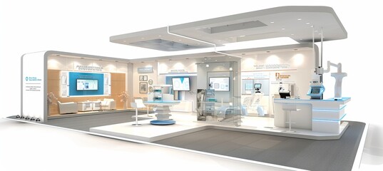 Sophisticated Healthcare Technology Expo Stand Mockup with Interactive Displays