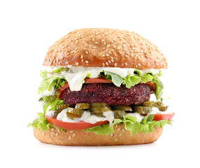 Vegetarian burger with delicious patty isolated on white