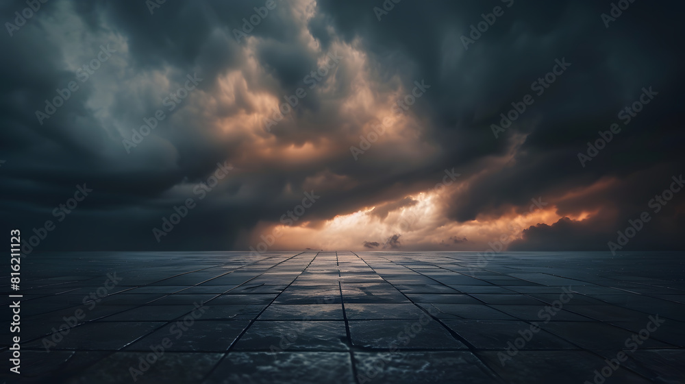 Poster dark floor background with dramatic sky and scenic clouds panoramic horizon scene : generative ai