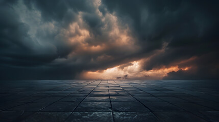 Dark Floor Background with Dramatic Sky and Scenic Clouds Panoramic Horizon Scene : Generative AI