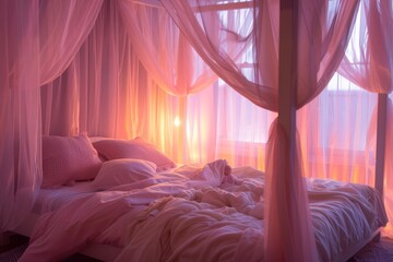 Cozy bedroom interior with sheer curtains and warm sunrise light. A calming bedroom with a canopy bed, sheer curtains billowing in the breeze, and soft, ambient lighting.
