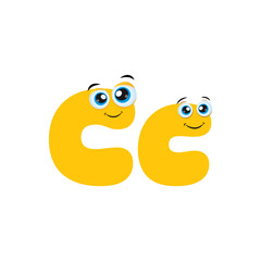 Cute Yellow Funny alphabet character Letter C Isolated on white background. Cartoon Illustration of Uppercase and Lowercase Letter C. Illustrated Alphabet Characters with funny eyes.