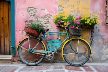 Fototapeta na wymiar Charming old bicycle with baskets of blooming flowers leaning against a vibrant, textured urban wall