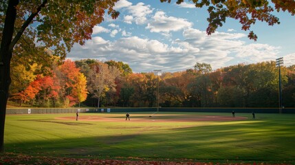 Picturesque Autumn Baseball Game with Vibrant Fall Foliage