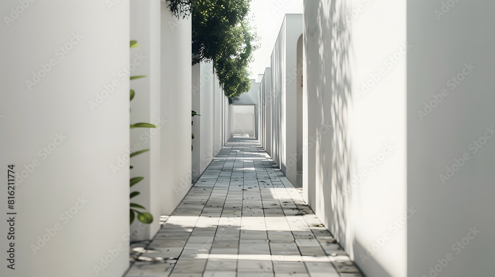 Poster a vertical shot of a narrow pathway in the middle of white buildings : generative ai