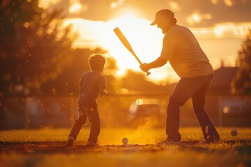 Golden Hour Baseball Lesson: A Father Teaching His Son at Sunset