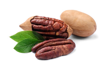 Many tasty pecan nuts with green leaves isolated on white