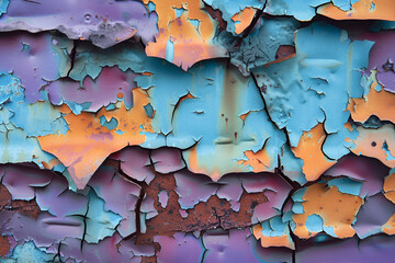 peeling blue, orange and purple paint over rusty metal