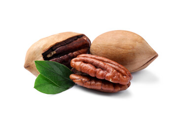 Many tasty pecan nuts with green leaves isolated on white