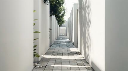 A vertical shot of a narrow pathway in the middle of white buildings : Generative AI - Powered by Adobe