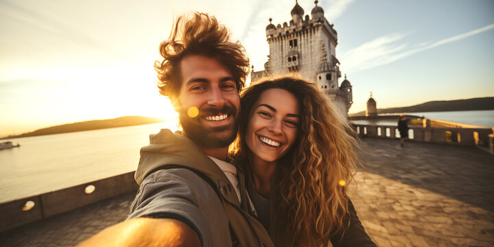 Feliz pareja de j&oacute;venes turistas tomando fotos selfie para su blog de viajes en el horizonte de Lisboa. Torre de Belem. Viajes y aventuras por el mundo en Portugal.