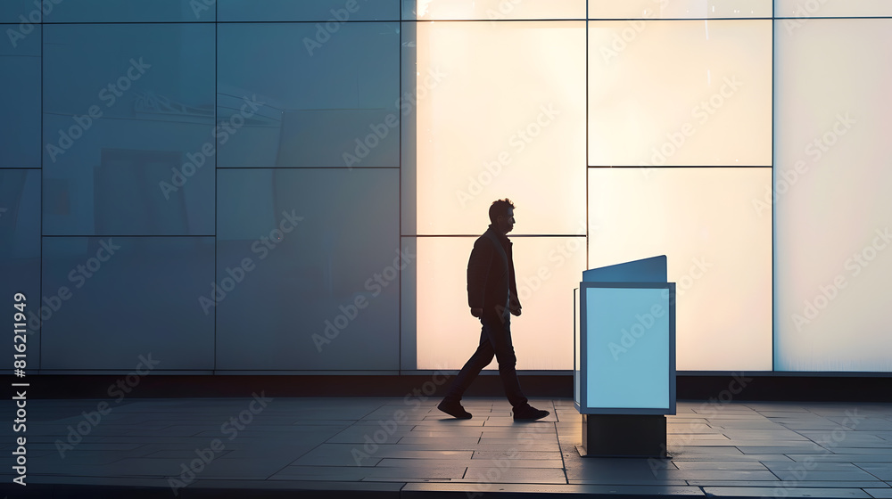 Poster man walking by evening empty shop window with podium inside for your product presentation on glowing