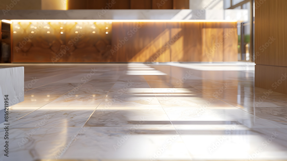 Poster light wooden and marble tile floor interior of modern cafe with double ceiling height lobby bar in l