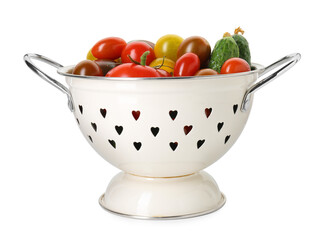 Metal colander with different tomatoes and cucumbers isolated on white