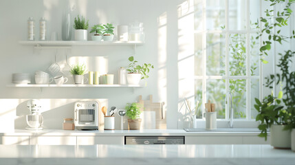 Fototapeta premium Minimal light scandinavian kitchen interior White furniture with utensils shelves with crockery and plants in pots small refrigerator near window panorama empty space : Generative AI