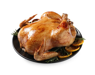 Tasty roasted chicken with lemon and rosemary isolated on white