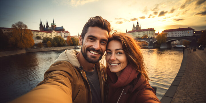 Feliz pareja de j&oacute;venes turistas tom&aacute;ndose fotos selfie para su blog de viajes en el skyline de Praga. Viajes y aventuras alrededor del mundo.