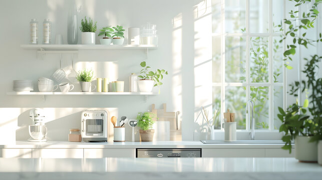 Minimal light scandinavian kitchen interior White furniture with utensils shelves with crockery and plants in pots small refrigerator near window panorama empty space : Generative AI