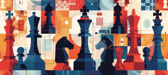 Obraz premium Illustrated Chess History Conference Banner Featuring Iconic Chess Sets and Timelines