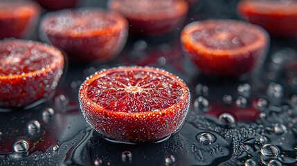   Half of a blood orange rests atop a black surface, speckled with droplets of water