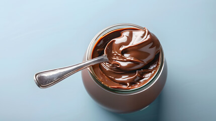 Empty jar of chocolate nut spread with a spoon on a light blue background Favorite delicacy traditionally for breakfast popular sweet paste for sandwiches and baked goods : Generative AI