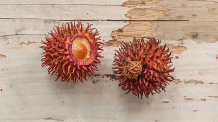 Group of two halves of old brown rambutan on white wood