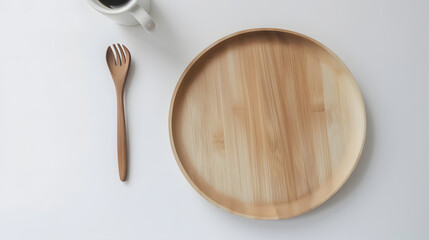 Empty wood plate with spoon fork and coffee cup on white table : Generative AI