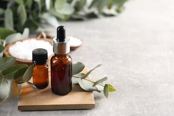 Aromatherapy. Bottles of essential oil and eucalyptus leaves on grey table, space for text