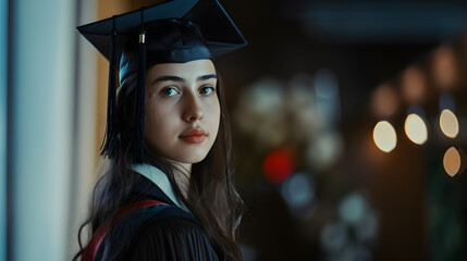 Portrait of female college student in graduation day broke and in debt : Generative AI