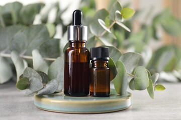 Aromatherapy. Bottles of essential oil and eucalyptus leaves on grey table