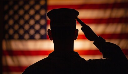 Silhouette of a soldier saluting in front of an American flag background Generative AI