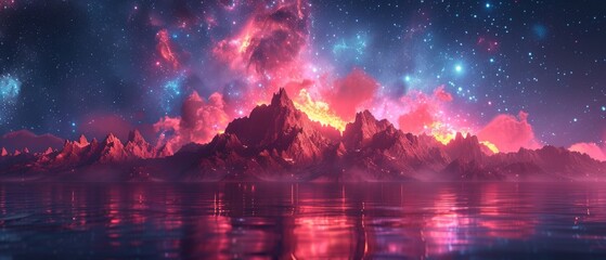 In this modern futuristic fantasy nightscape, abstract islands are reflected in water and stars, and a night sky filled with stars and space galaxies is visible. There is a multicolor neon glow.