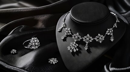 Develop an opulent bridal jewelry collection, taking cues from classic bridal elegance. Each piece should embody refined sophistication, accentuated by intricate diamond details against a backdrop of 