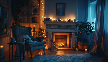 Fototapeta premium Stylish living room with beautiful fireplace, armchair and different decor at night. Interior design