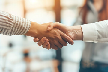 Close-up of a coworker shaking hands in the office.
