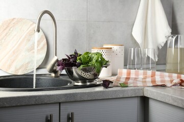 Metal colander with different fresh basil leaves on grey countertop near sink