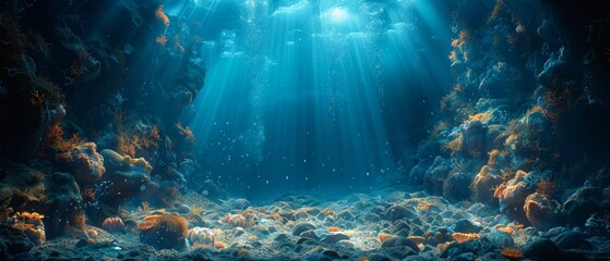 A 3D underwater fantasy world filled with neon sea jellyfish and dark natural marine background. The dark blue bottom of the ocean. Underwater rocks and tunnels. Seascape under water. Dark, natural