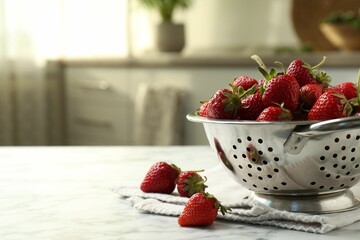 Metal colander with fresh strawberries on white marble table in kitchen, space for text