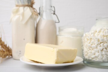 Different fresh dairy products on white table